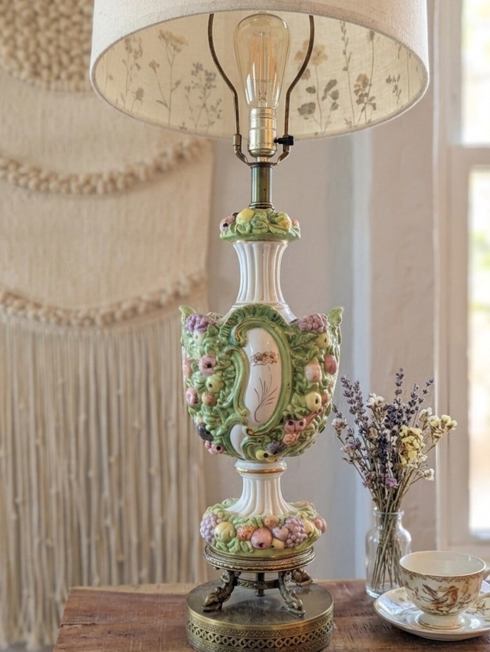 Vintage Capodimonte Style Italian Floral Ceramic Lamp - Large 34" - Ornate Brass
